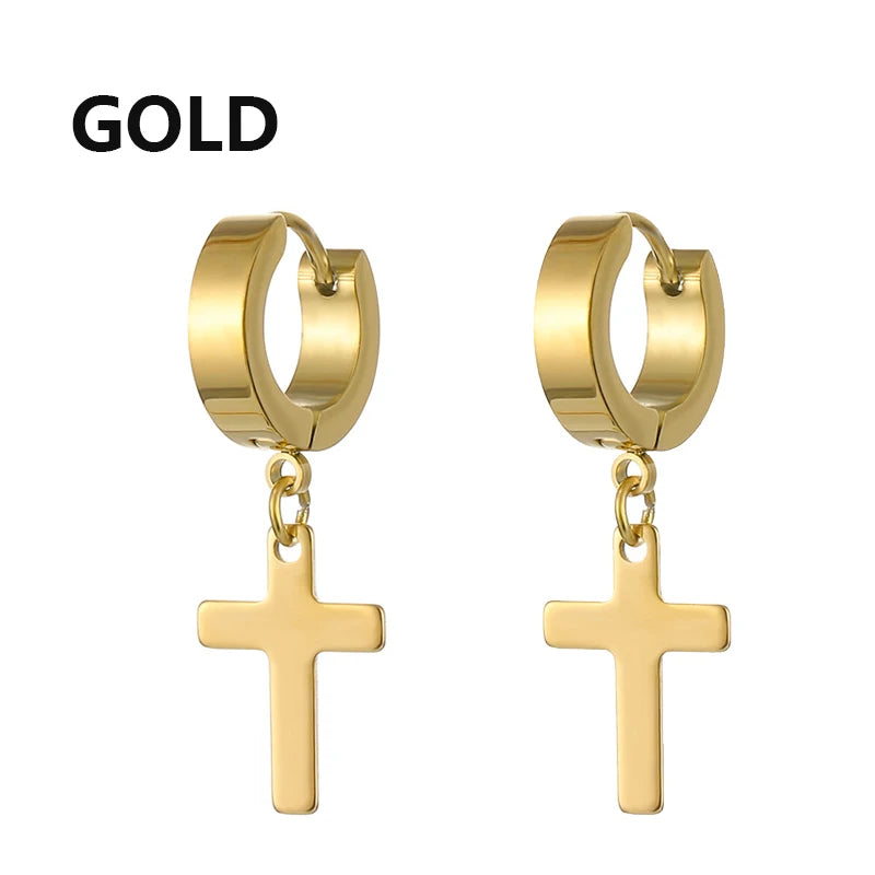 2pcs Stainless Steel Cross Star Dangle Earrings — Unisex Punk Gothic Hoops