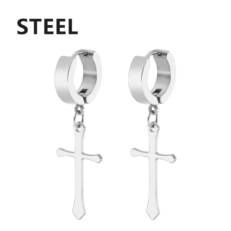 2pcs Stainless Steel Cross Star Dangle Earrings — Unisex Punk Gothic Hoops