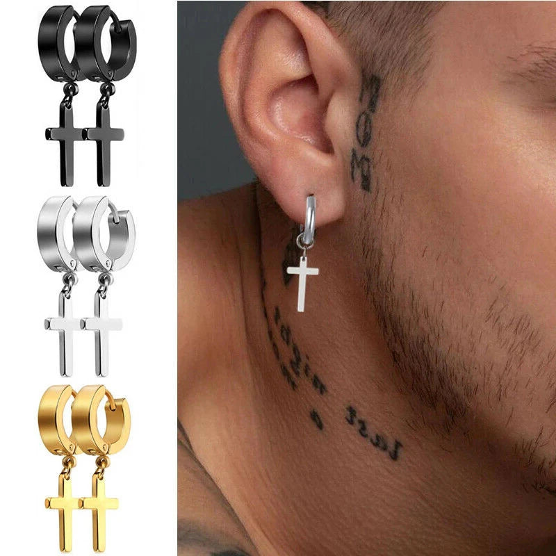 2pcs Stainless Steel Cross Star Dangle Earrings — Unisex Punk Gothic Hoops