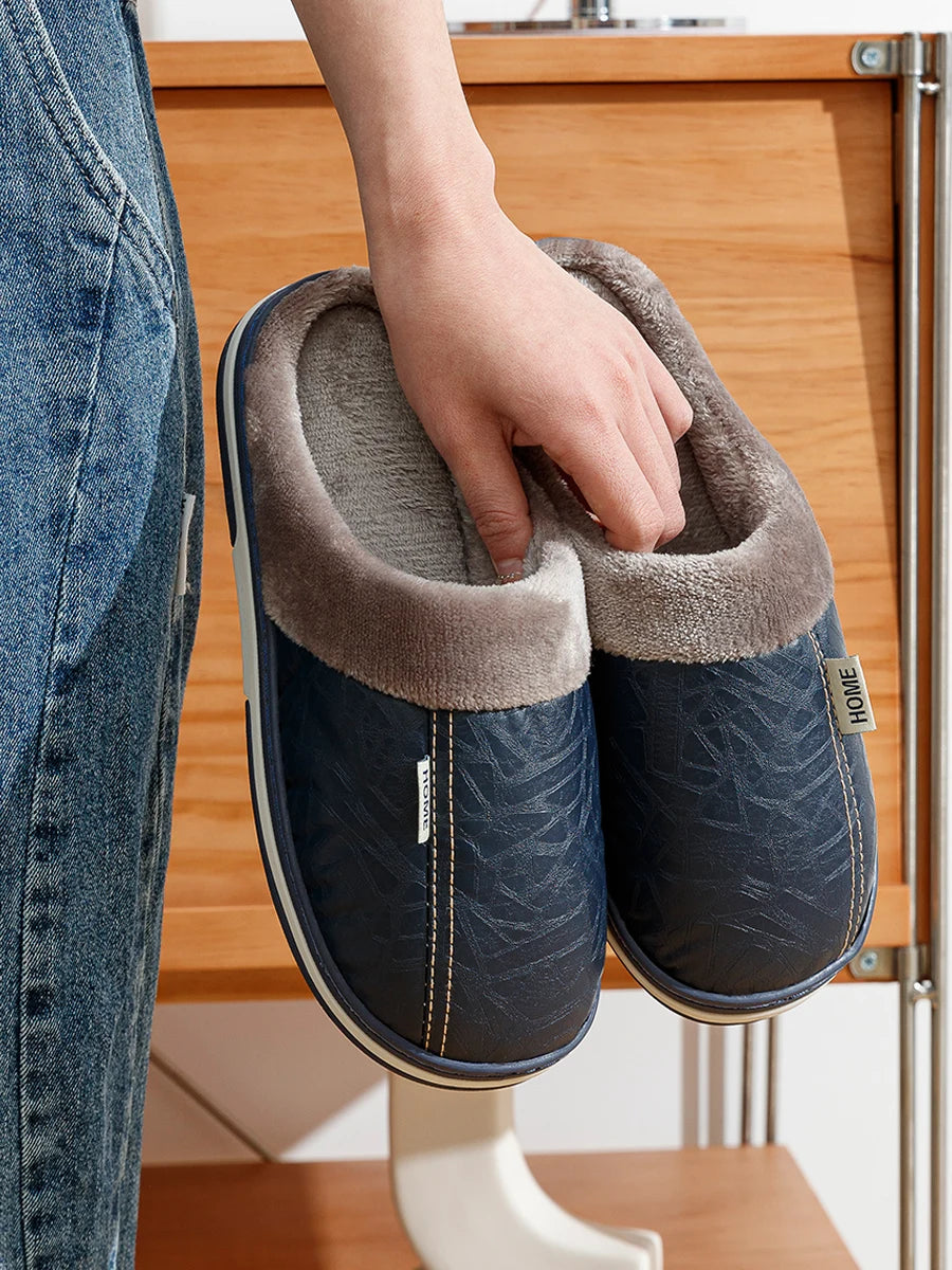 Men’s Winter Indoor Slippers – Waterproof PU Leather Fur-Lined Home Shoes