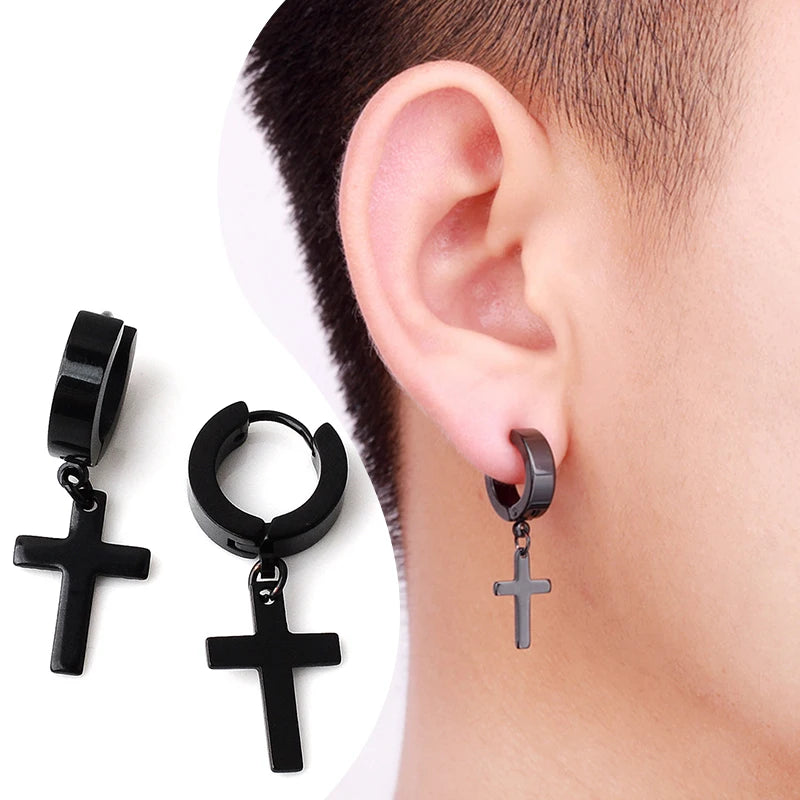 2pcs Stainless Steel Cross Star Dangle Earrings — Unisex Punk Gothic Hoops