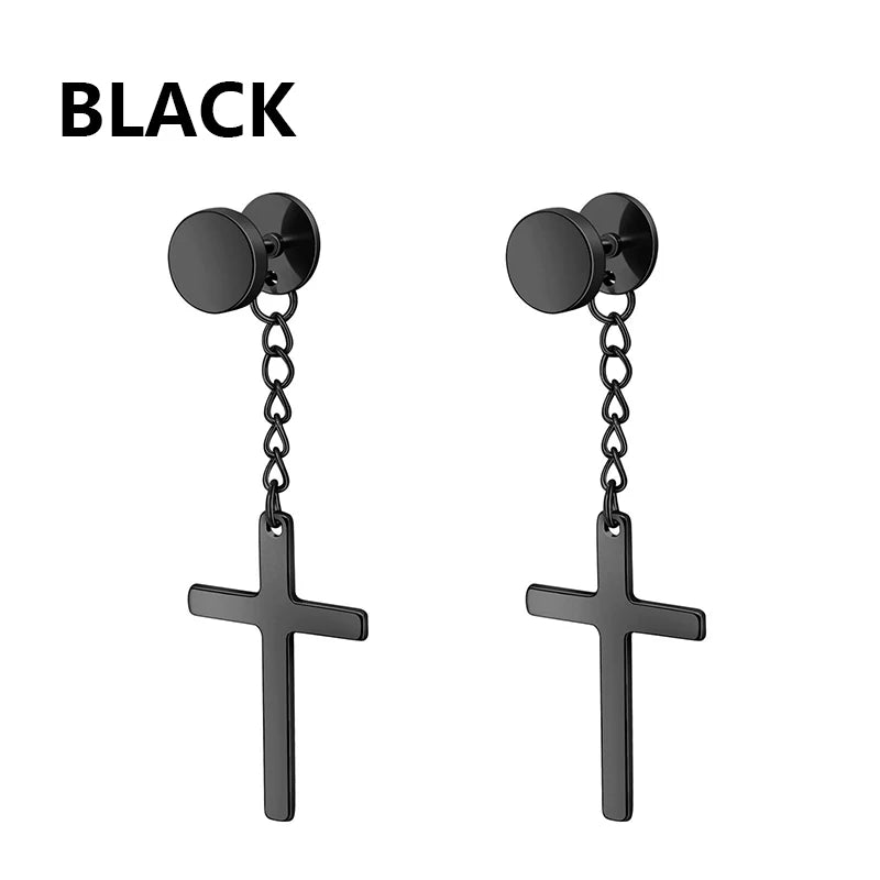 2pcs Stainless Steel Cross Star Dangle Earrings — Unisex Punk Gothic Hoops