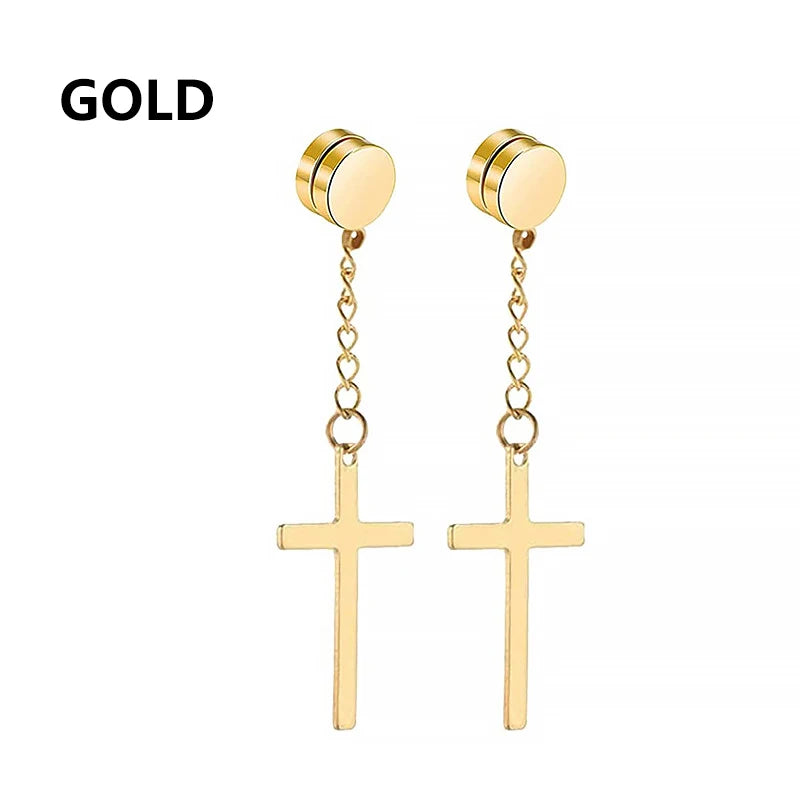 2pcs Stainless Steel Cross Star Dangle Earrings — Unisex Punk Gothic Hoops