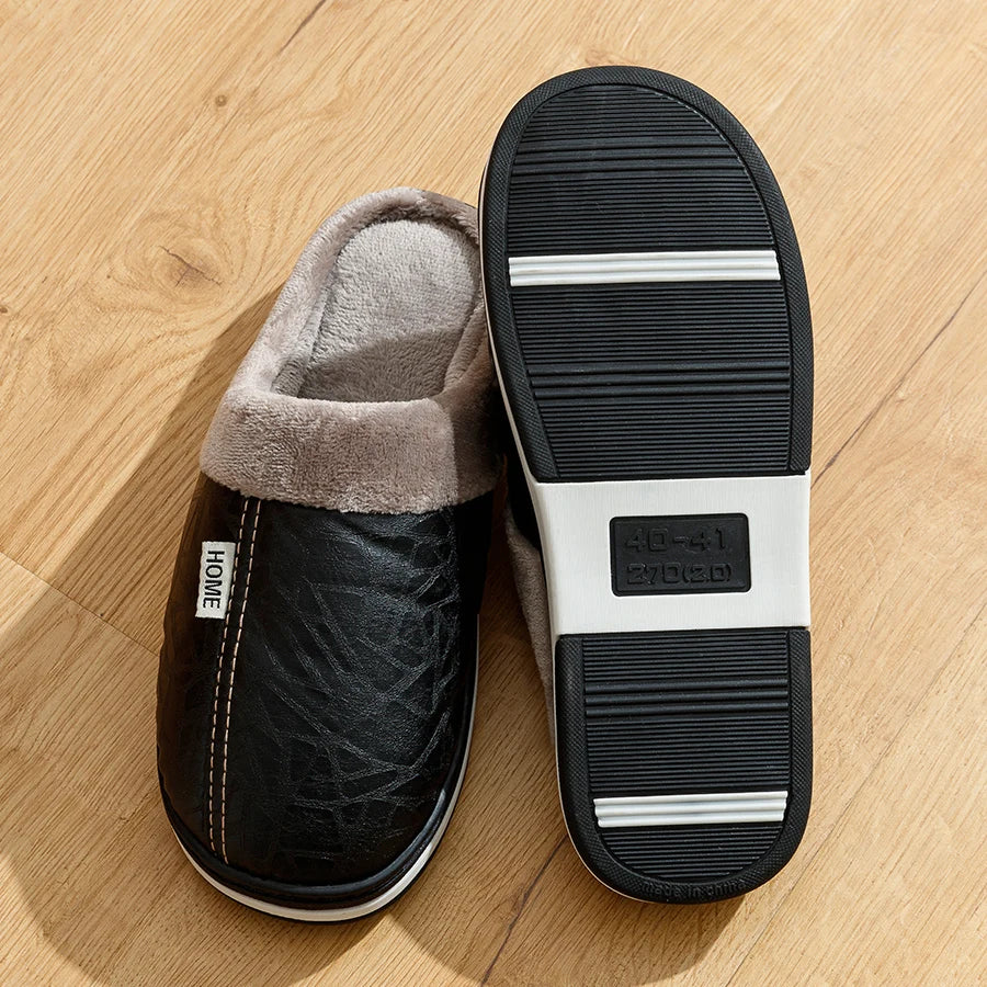 Men’s Winter Indoor Slippers – Waterproof PU Leather Fur-Lined Home Shoes