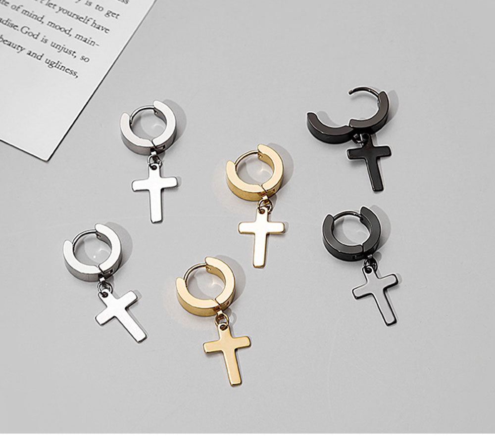 2pcs Stainless Steel Cross Star Dangle Earrings — Unisex Punk Gothic Hoops
