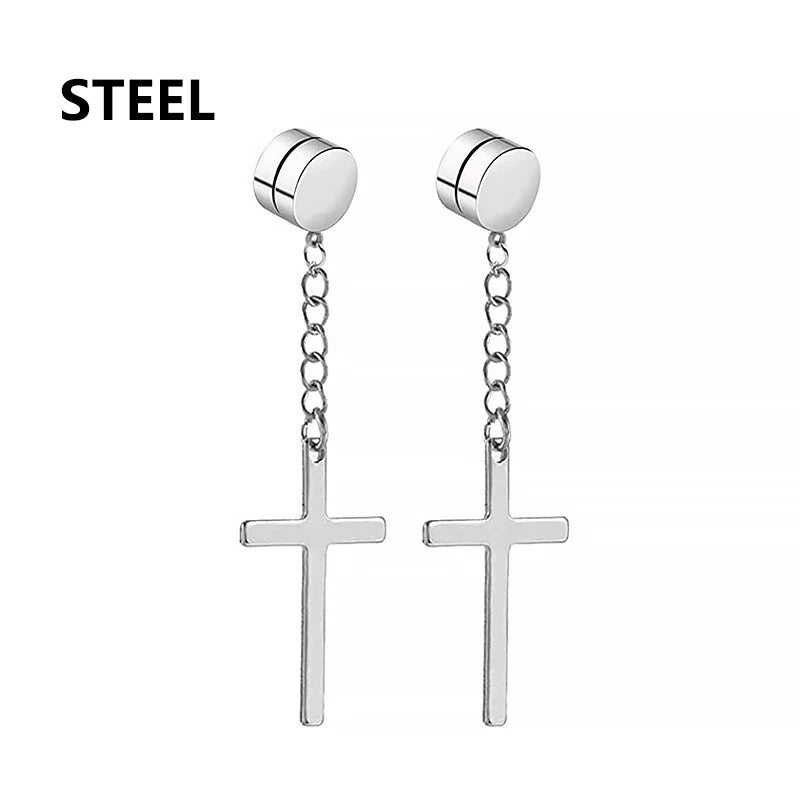 2pcs Stainless Steel Cross Star Dangle Earrings — Unisex Punk Gothic Hoops