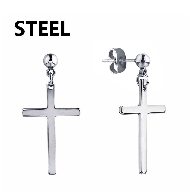 2pcs Stainless Steel Cross Star Dangle Earrings — Unisex Punk Gothic Hoops