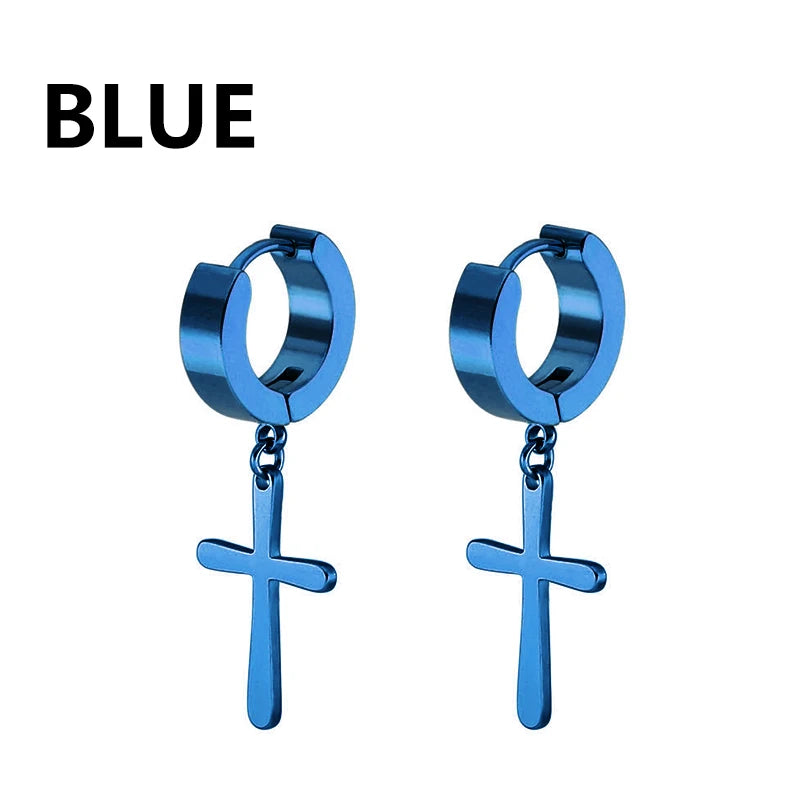 2pcs Stainless Steel Cross Star Dangle Earrings — Unisex Punk Gothic Hoops