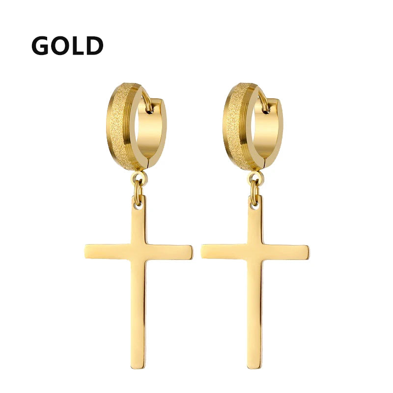 2pcs Stainless Steel Cross Star Dangle Earrings — Unisex Punk Gothic Hoops