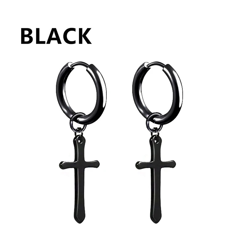 2pcs Stainless Steel Cross Star Dangle Earrings — Unisex Punk Gothic Hoops