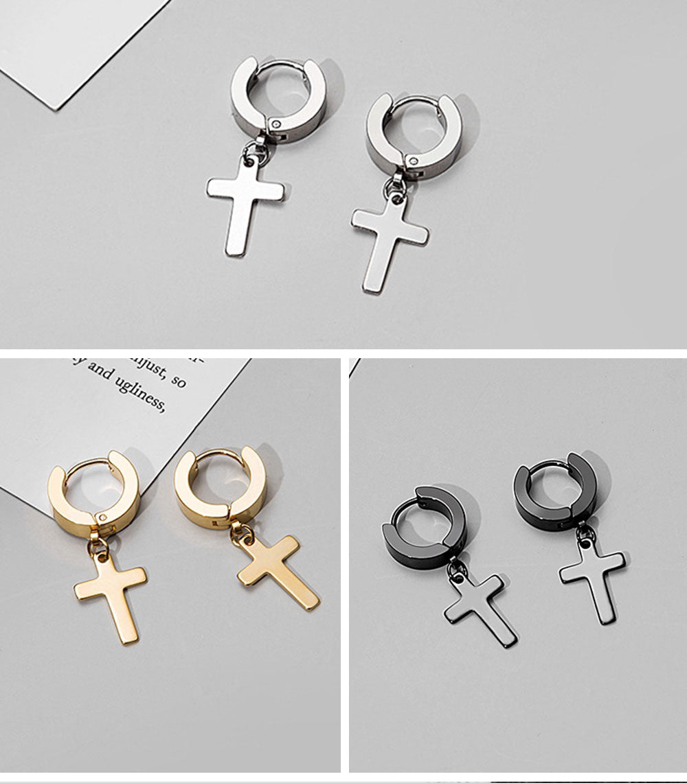 2pcs Stainless Steel Cross Star Dangle Earrings — Unisex Punk Gothic Hoops