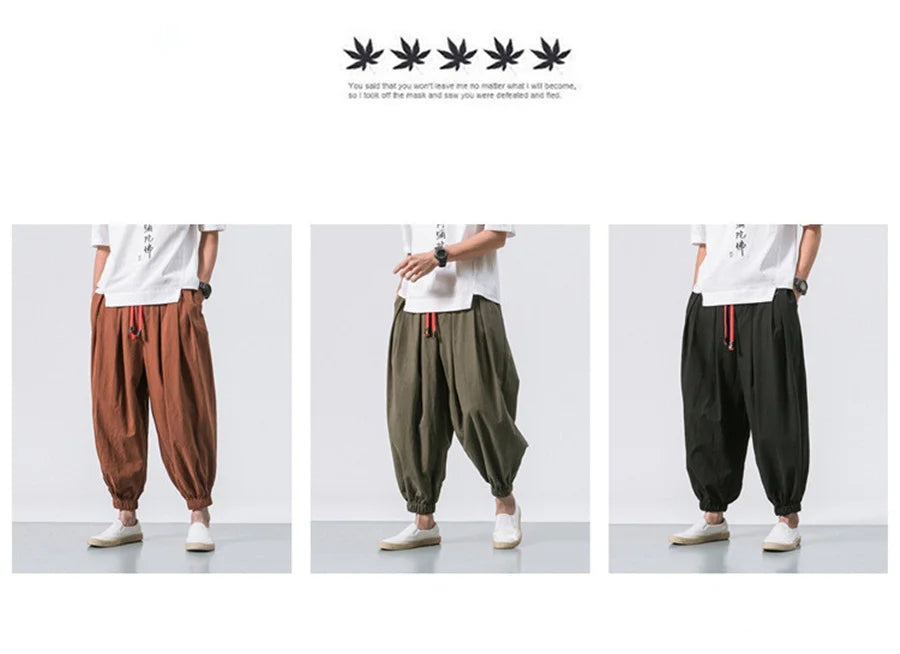 Men’s Oversized Linen-Blend Harem Pants – Loose Fit Casual Trousers